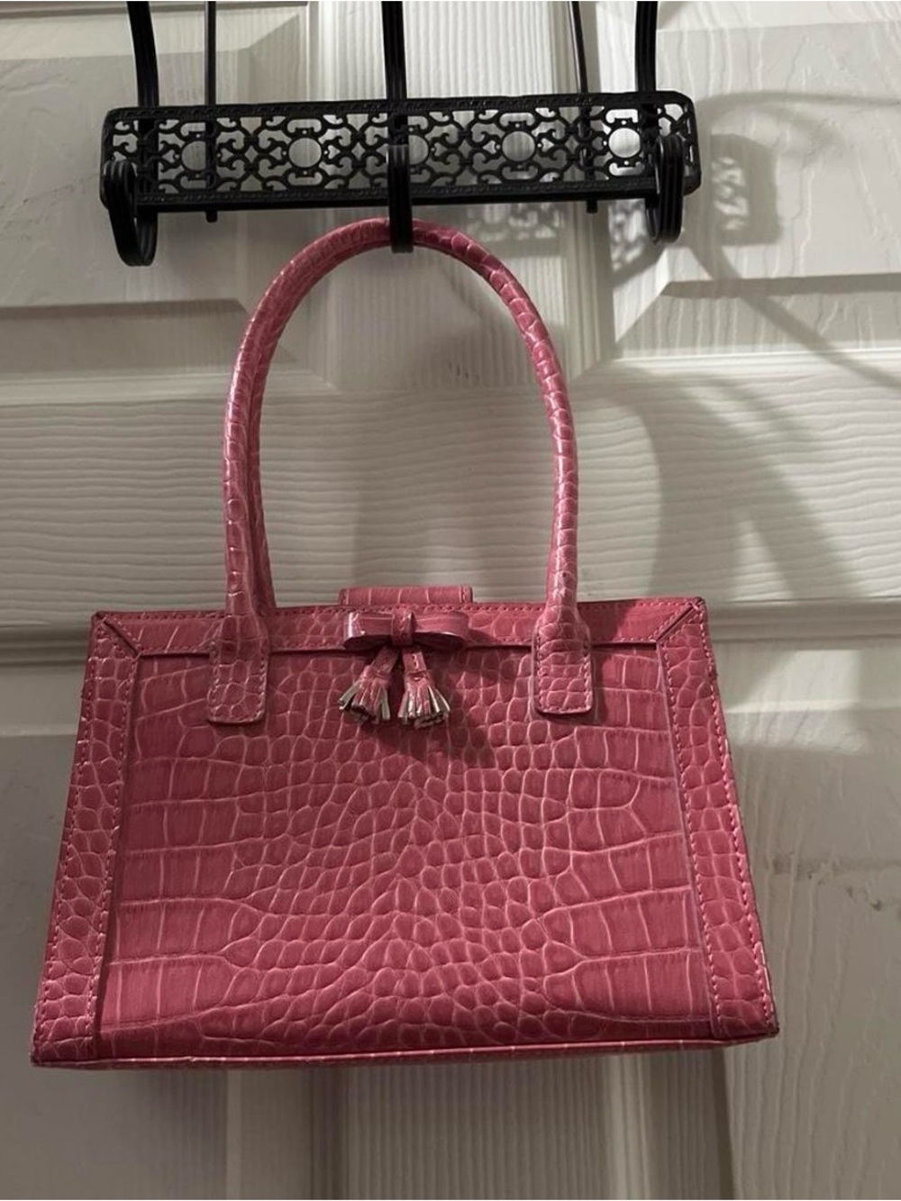 Liz Claiborne Pink Croc-Embossed Satchel with Tassel Detail